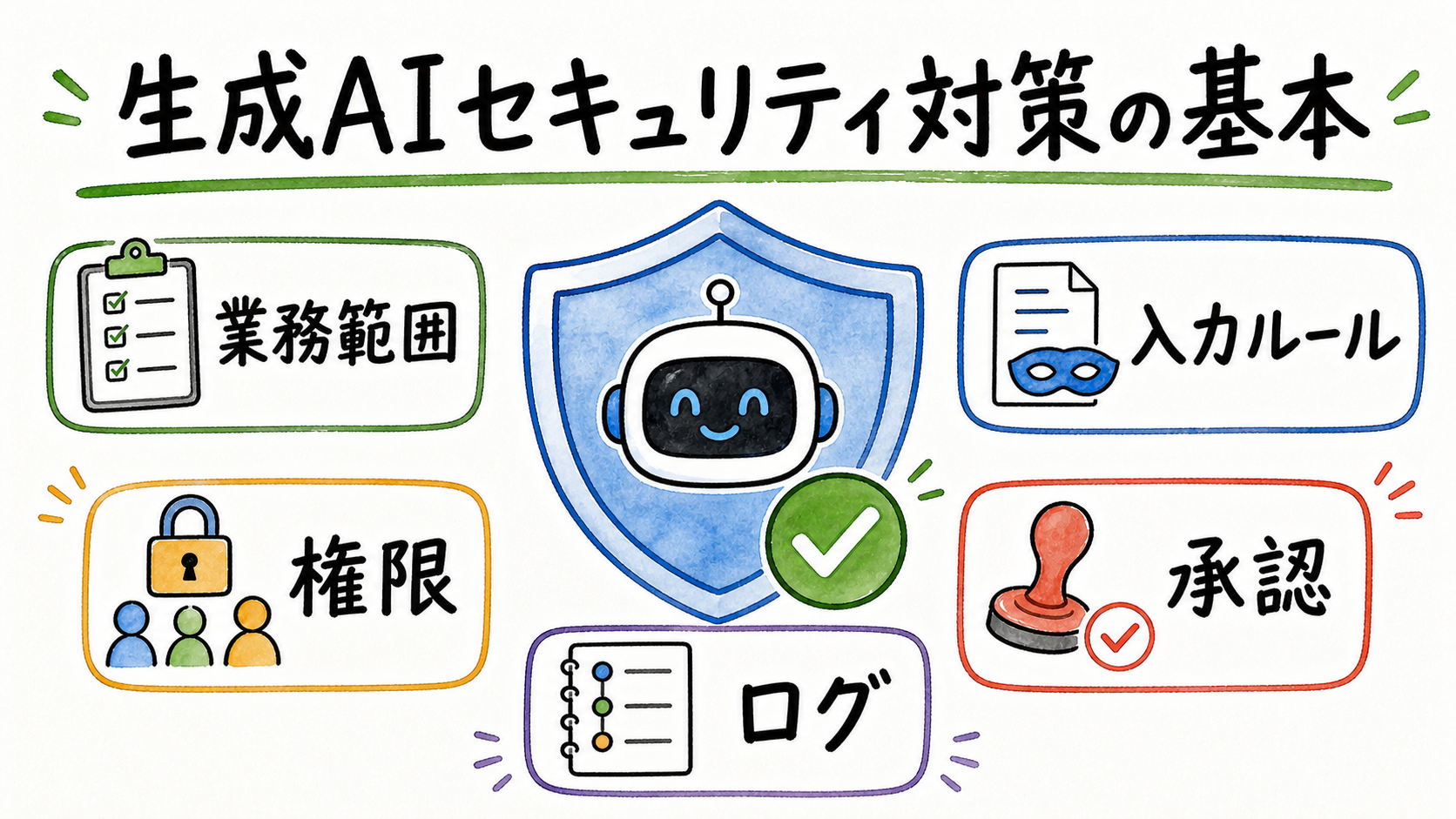 生成AIのセキュリティ対策を描いたグラフィックレコーディング風イラスト。中央にAIアイコンとチェックリストを置き、情報漏洩・アクセス権限・出力確認・アカウント管理・ログ管理の5つのリスクを、手描き風のアイコンと矢印で結んだ全体像。周囲にルール・設定・教育・ログ・見直しの5つの対策を配置している。