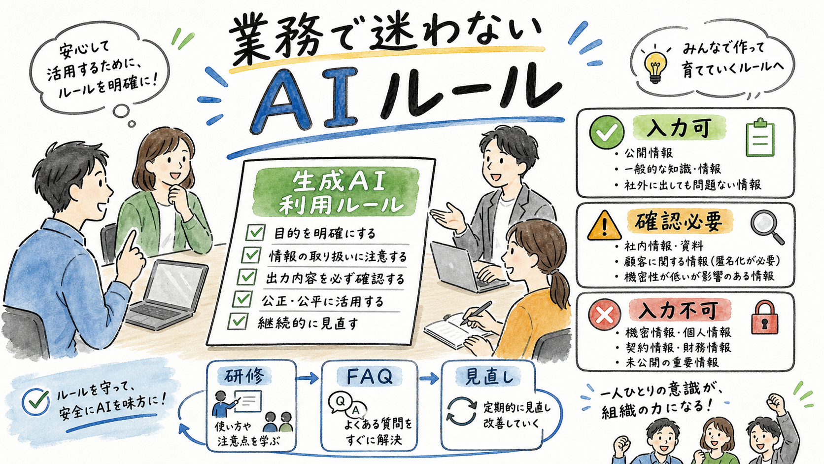 生成AI利用ルール作成の全体像を示したグラフィックレコーディング風イラスト。対象ツールの選定、入力情報を「入力可・確認必要・入力不可」に分類する流れ、研修やFAQによる運用までを手描き風の図と吹き出しで表現している。