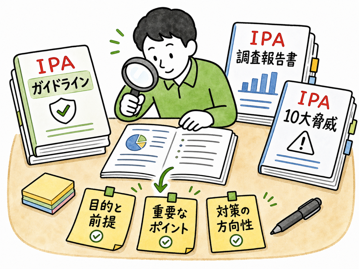机の上に「IPA」と書かれた複数の資料の束が積まれ、担当者が虫眼鏡でそれを覗き込みながら要点を付箋に書き出している手描き風の場面。周囲に「ガイドライン」「調査報告書」「10大脅威」とラベルのついた書類が並ぶ。