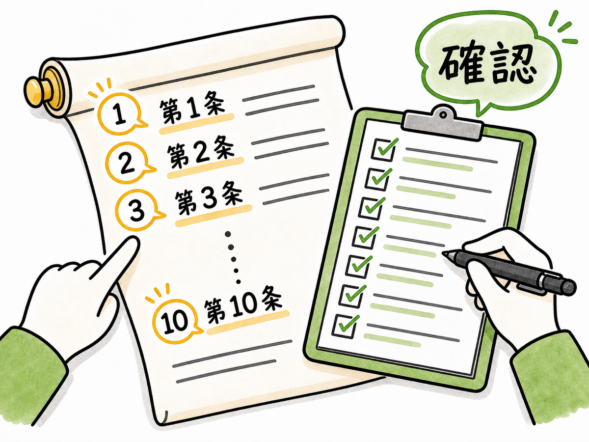 「第1条〜第10条」と番号の振られた規程の巻物やチェックリストを広げ、条文を一つずつ指差しながら確認していく担当者の手元の場面